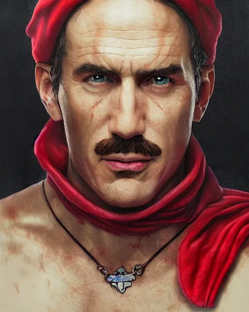 Image similar to portrait of super mario in game of thrones, red cap, beautiful, very detailed, hyperrealistic, medium shot, very detailed painting by Glenn Fabry, by Joao Ruas