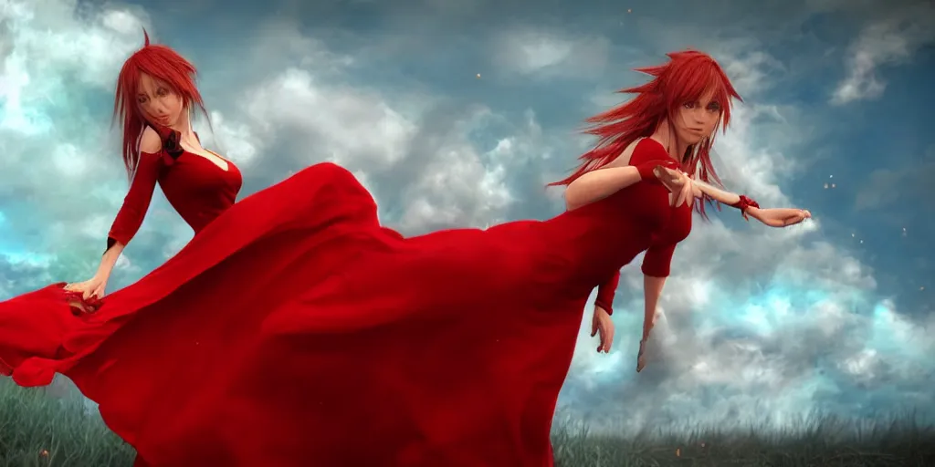 Image similar to epic scene of very attractive final fantasy 1 7 female character looking like brigid bardot, detail face, lovely eyes and lips, with amazing detail red dress ) ( fighting ) hyper realistic 3 d render, art station, particles, epic scene, mucha, clouds, jump pose, blur focus, action, fantasy, digital art, smooth curves