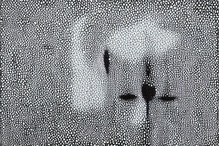 Image similar to face made out of mist, faceless people dark, dots, drip, stipple, pointillism, technical, abstract, minimal, style of francis bacon, asymmetry, pulled apart, cloak, hooded figure, made of dots, abstract, balaclava