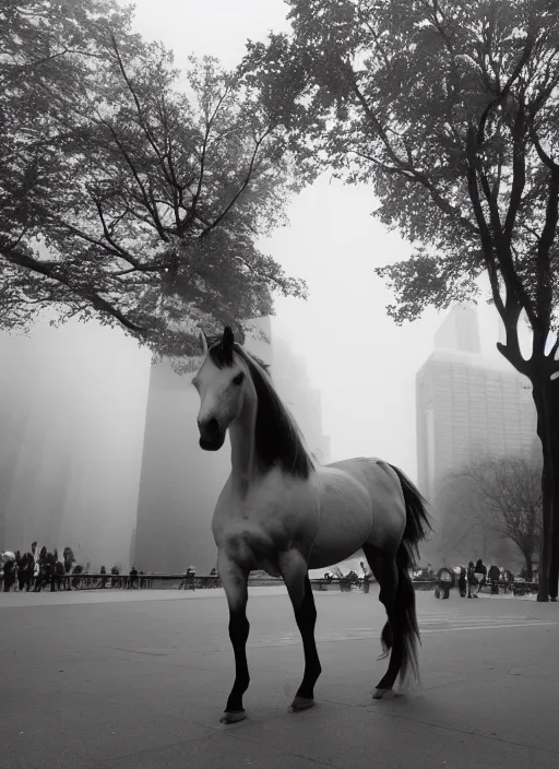 Image similar to a photograph of a horse in front of the metropolitan museum of art, foggy, 3 5 mm, color film camera, pentax