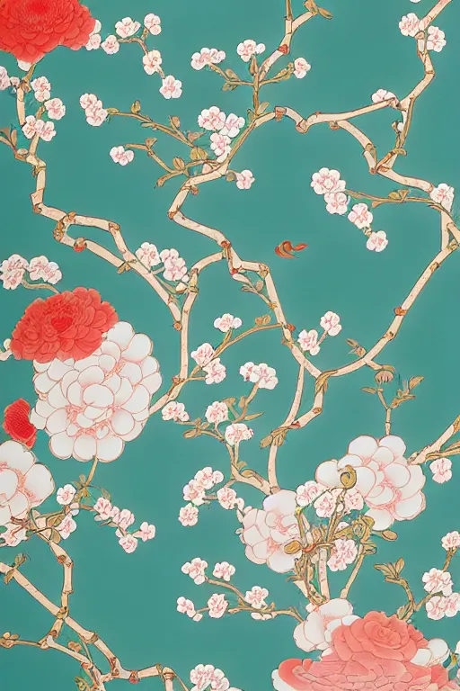 Image similar to Chinoiserie floral wallpaper by James Jean, victo ngai, James Gilleard