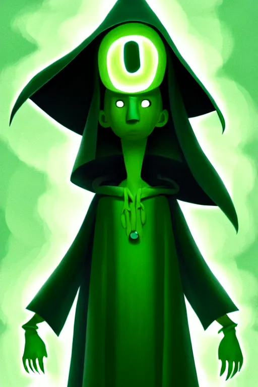 Image similar to A full body portrait of a cute shaman with no face, glowing eyes and a very long hooded dark green cloak of leaves in the style of Pixar, stylized