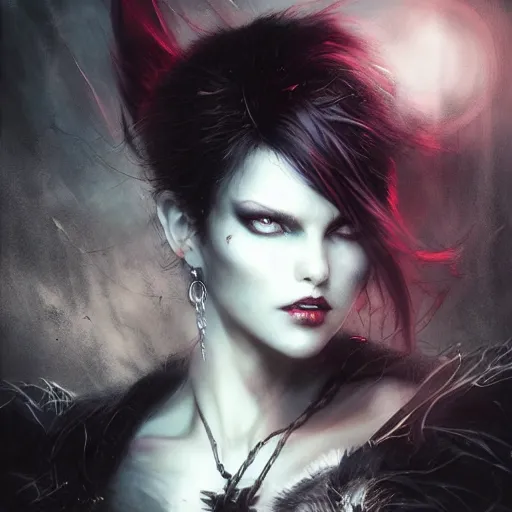 Image similar to kerli koiv, vampire, darkwave, darksynth character portrait, sharp, digital matte painting, art by luis royo, greg rutkowski, wlop, dramatic lighting, trending on artstation