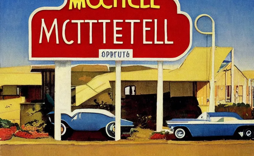 Prompt: 1 9 6 0 s americana painting of a motel and motel sign with a car parked outside by norman rockwell, relaxed mood