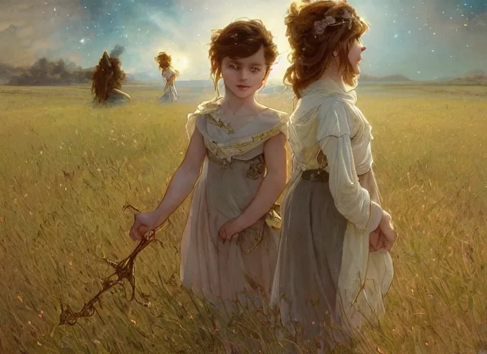 Prompt: A cute little girl with shoulder length curly brown hair and her younger brother with short blonde hair. They are standing in a field at night and the sky is filled with constellations. beautiful fantasy art by By Artgerm and Greg Rutkowski and Alphonse Mucha, trending on artstation.