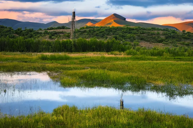 Image similar to a hill with a radio tower next to a pond, hills in background. telephoto lens photography.