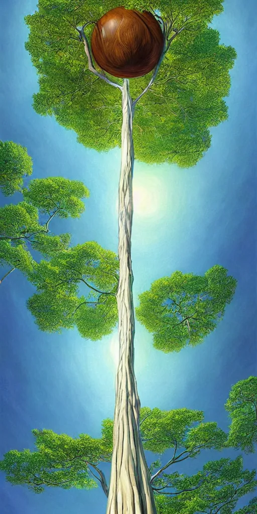 Image similar to a thin tree with an extremely long trunk and spherical canopy, viewed from below, perspective, fantasy digital painting by artgerm and leyendecker, surreal, photorealistic