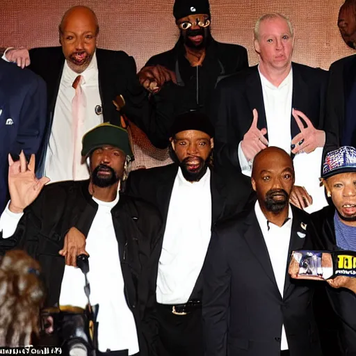 Prompt: Donald trump is inducted as the 10th member of the wu tang clan rap group, he takes a photo with RZA, GZA, old dirty bastard, inspectah deck, U-God, Ghostface killah and the method man