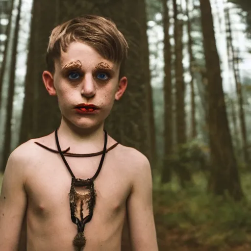 Prompt: a boy, around 2 6 yo. choker necklace. natural brown hair. loincloth, pale skin. detailed face. ominous and eerie looking forest in background. natural colors. hyperrealistic photo.