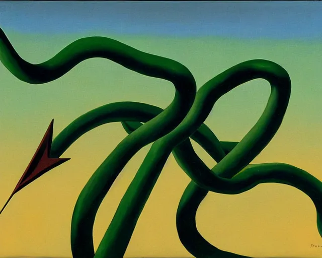Image similar to a painting of Rayquaza by Magritte