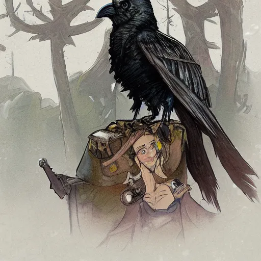 Image similar to concept art painting of a person with a head of a crow, with steampunk clothes, in the deep forest, realistic, detailed, cel shaded, in the style of makoto shinkai and greg rutkowski and james gurney