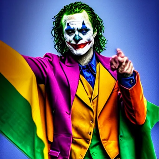 Prompt: the joker waving a rainbow flag