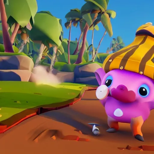 Image similar to hedgehog playing golf in sea of thieves, hedgehog wearing a pirate hat, cute, colourful, happy, adorable