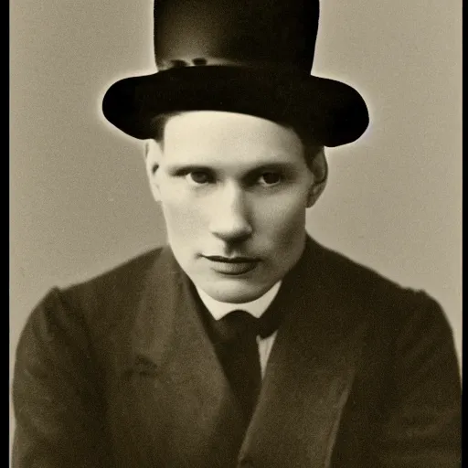 Image similar to A photograph portrait of Jerma985 wearing a bowler hat in the early 1920s, taken in the early 1920s, grainy, taken on a early 1900s Kodak Camera, realistic, hyperrealistic, very realistic, highly detailed, very detailed, extremely detailed, detailed, digital art, trending on artstation