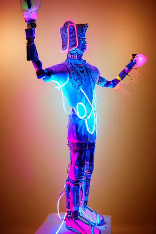 Image similar to full-body neon porcelain egyptian bladerunner greek style sculpture of a young handsome Russian royal as a high-fashion half-robot with a porcelain body with an opening exposing a battery leaking radioactive liquid, electric sparks, glowing violet laser beam eyes, crown of giant rubies, flowing pink and orange neon-colored silk, luminescent fabrics, mechanical raptors. baroque and steampunk elements. full-length view. baroque element. intricate artwork by caravaggio. Very very very very highly detailed epic photo of face. Trending on artstation, octane render, cinematic lighting from the right, hyper realism, octane render, 8k, depth of field, 3D