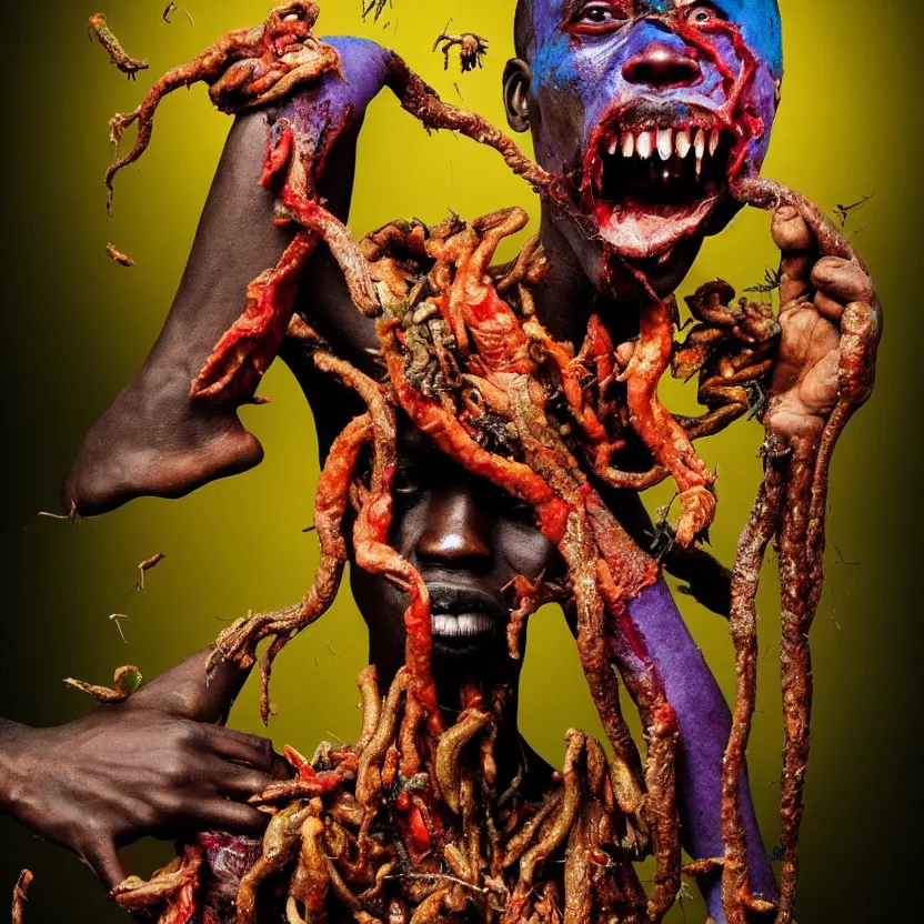 Prompt: a very colorful and beautiful ( flesh - eating ) tsikalawa, eating the leg of a terrified man, standing on top of a mountain of maggots, schizophrenic hallucination, by alexandro judorowski and basia tran, fear, morbid, nightmare, supernatural, 8 k, digital art, highly detailed, chiaroscuro, creepy, terrifying