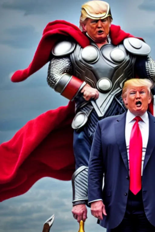 Image similar to donald trump as thor, wielding hammer, ready for battle, movie still