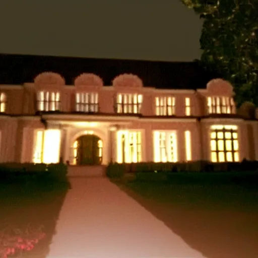 Prompt: A very low quality nokia picture with flash on of a mansion at night, 2007 blog, low quality