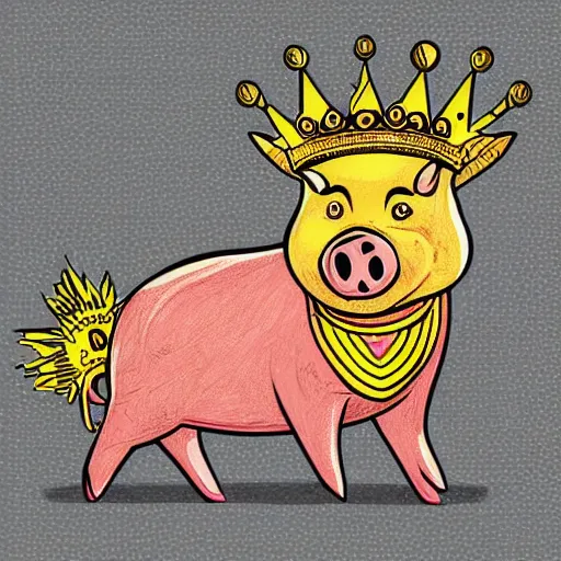 Prompt: Highly detailed comic book style drawing of a pig wearing a gold crown, full body, zoomed out, retro, colorful, intricate, technical drawing, concept art, sharp