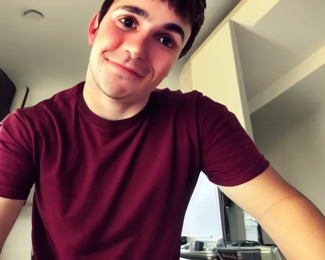 Prompt: A young man with big round brown eyes, medium length brown hair, a roman nose, oval face, wearing a maroon t-shirt, clean shaven, HD selfie