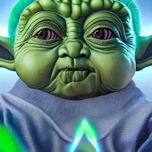 Image similar to portrait ultra dimensional baby yoda tripping on dmt, psychedelic experience, overwhelming self realization and awakening, ultra high definition, unreal engine 5, hyperrealism, masterpiece composition, surrealism by alex grey, salvador dali 8 k photorealistic