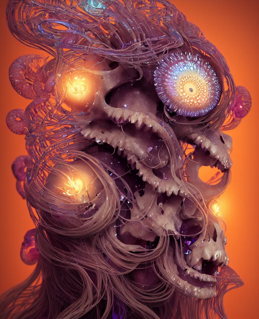 Image similar to goddess princess face close-up portrait ram skull. jellyfish phoenix head, nautilus, orchid, skull, betta fish, bioluminiscent creatures, intricate artwork by Tooth Wu and wlop and beeple. octane render, trending on artstation, greg rutkowski very coherent symmetrical artwork. cinematic, hyper realism, high detail, octane render, 8k