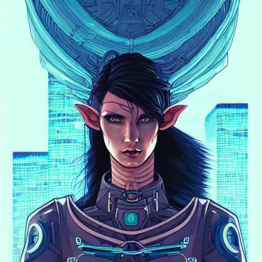 Image similar to portrait painting of a cyberpunk androgynous elf with beautiful flowing black hair and eyes, sharp focus, award - winning, trending on artstation, masterpiece, highly detailed, intricate. art by josan gonzales and moebius and deathburger