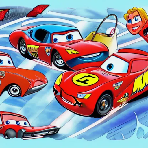 Image similar to lightning mcqueen beating old cars comic style high resolution