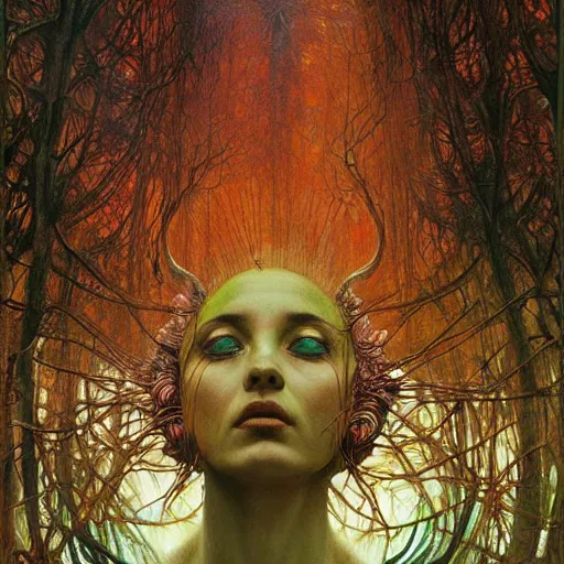 Prompt: forest spirit queen of jupiter by zdzisław beksinski, iris van herpen, raymond swanland, craig mullins and alphonse mucha. highly detailed, hyper - real, beautiful