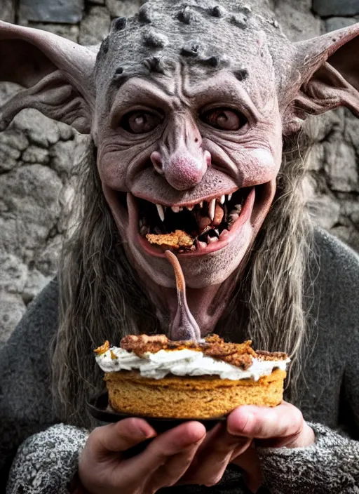 Image similar to closeup profile face portrait of a medieval goblin eating cakes in the cloisters, depth of field, zeiss lens, detailed, symmetrical, centered, fashion photoshoot, by annie leibovitz and steve mccurry, david lazar, jimmy nelsson, breathtaking, 8 k resolution, extremely detailed, beautiful, establishing shot, artistic, hyperrealistic, beautiful face, octane render