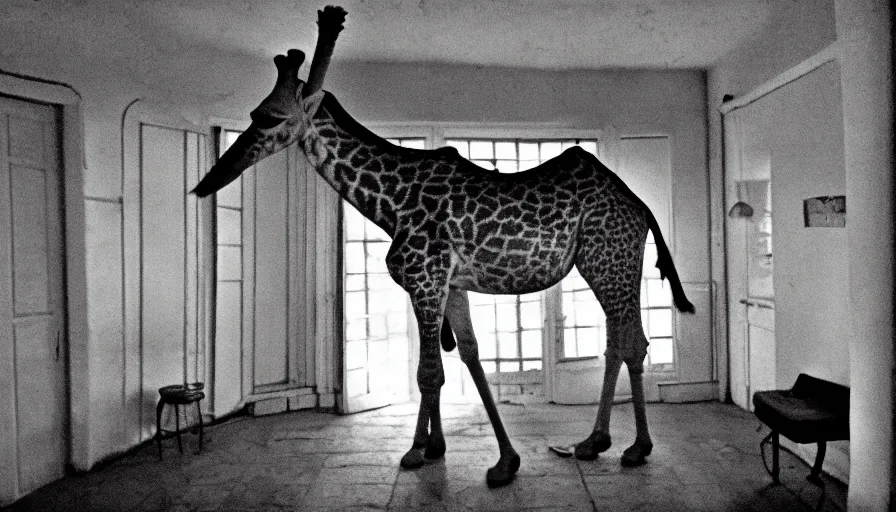 Image similar to a girafe in a stalinist style kitchen, mini dv camera found footage, very very low quality picture, heavy grain, caught on security camera, heavy jpeg artifact, night vision very blurry, caught on trail cam, 1 4 4 p, ultra wide lens