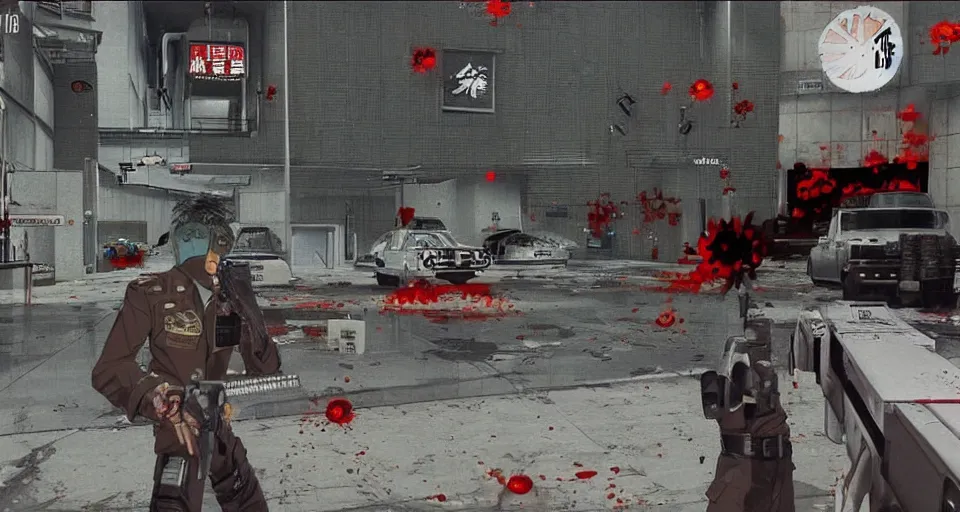 Image similar to 1987 Video Game screenshot for Akira style Anime Neo-tokyo Cyborg bank robbers vs police, Set inside of the Bank, Open Bank Vault, Multiplayer set-piece Ambush, Tactical Squads :10, Police officers under heavy fire, Suppressive fire, Pinned down, Destructible Enviorments, Gunshots, Bullet Holes and Anime Blood Splatter, :10 Gas Grenades, Riot Shields, MP5, AK45, MP7, P90, Chaos, Anime Machine Gun Fire, Gunplay, Shootout, :14 FLCL + Gunblade NY + Jet Grind Radio, Cel Shaded:15, Created by Katsuhiro Otomo + Studio Gainax: 20