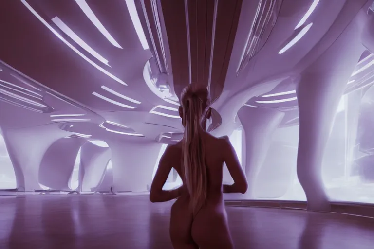 Image similar to vfx movie scene closeup portrait of beautiful blue skin skimpy alien woman dancing in sleek futuristic decadent spaceship pillars, futuristic ballroom. giant windows view of earth obit. by emmanuel lubezki