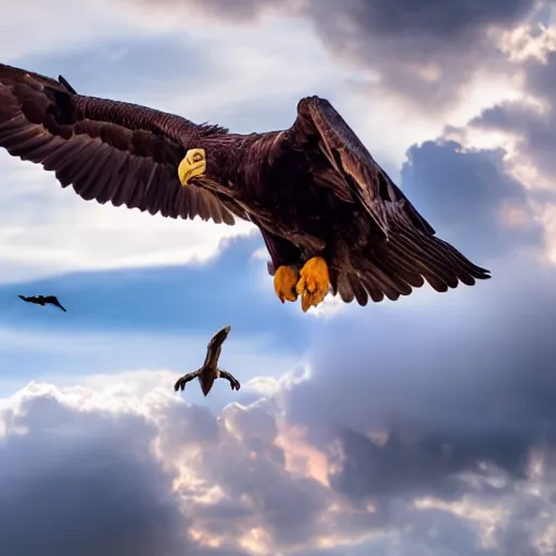 Image similar to cinematic photo of a giant eagle snatching away grimace with its talons, camera is looking up at the subject in the sky with fancy clouds behind