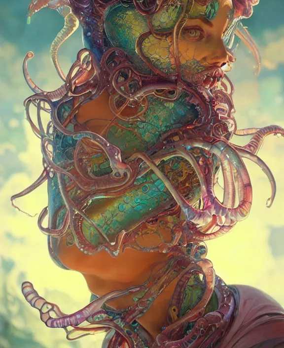 Image similar to ornate colorful transparent portrait of a terrifying beautiful alien sea creature, mottled coloring, adorable, childlike, horror environment, ultra realistic, concept art, art nouveau, photorealistic, octane render, 8 k, unreal engine. art by christopher marley and artgerm and greg rutkowski and alphonse mucha