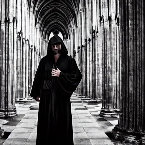 Prompt: vogue artistic photoshoot, f 1. 3, dslr, a man wearing black long cult robes inside a huge massive gothic cathedral, unsplash award winning photo, ultra - detailed, dark and moody, dramatic lighting