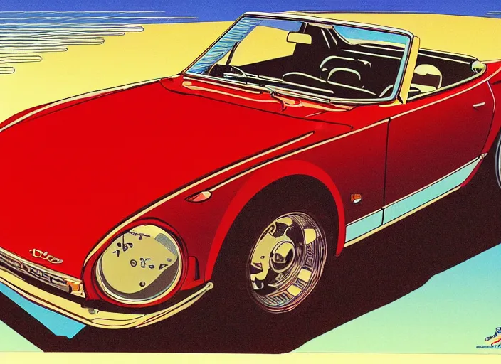 Image similar to highly detailed 1 9 6 9 red datsun fairlady roadster, retro minimalist art by jean giraud, moebius starwatcher comic, sharp, 8 k