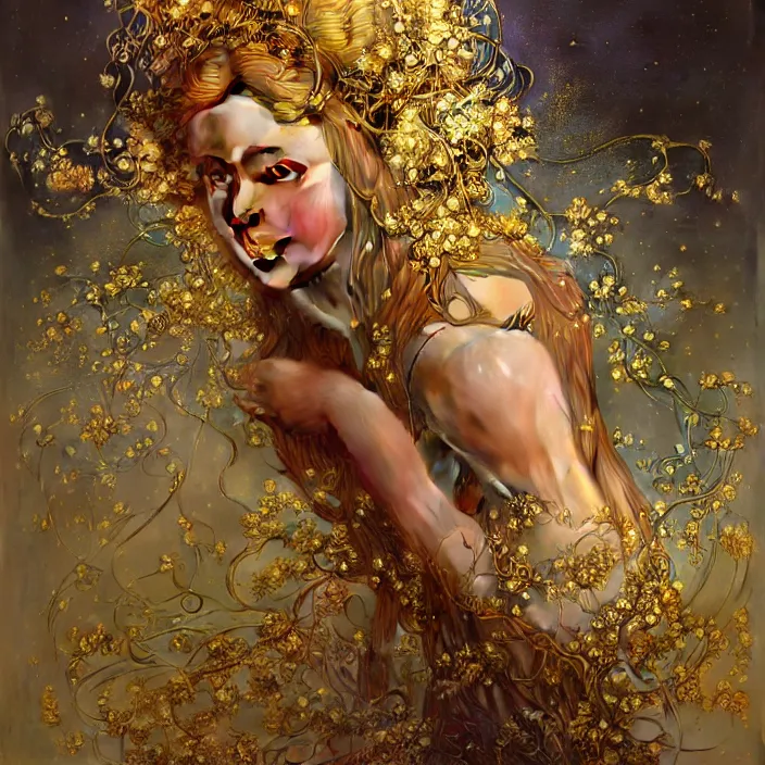 Prompt: hyperrealist portrait of a 2 0 4 4 space sport engineer, it is decorated with long gold wires and gold flowers that fall like vines and wears a huge computer crown. by jeremy mann and alphonse mucha, fantasy art, photo realistic, dynamic lighting, artstation, poster, volumetric lighting, dramatic light, very detailed faces, 8 k, award winning