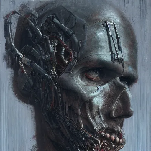 Prompt: Nicolas Cage as mechanical cyborg screaming dark, intricate, smooth, artstation, painted by Wayne Barlowe, Greg Rutkowski, Zdislav Beksinski