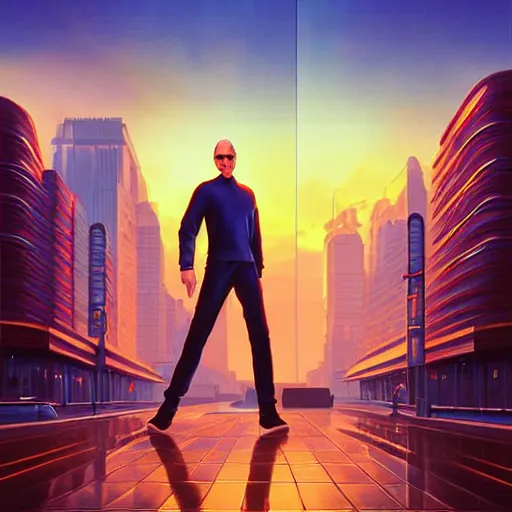 Prompt: futuristic portrait steve jobs standing cybercity, golden hour, poster by michael whelan and gilbert williams and evgeny lushpin and artgerm and alena aenami, 3 0 mm, well proportioned, highly detailed, rule of thirds, long exposure