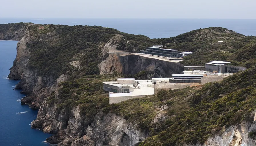 Image similar to big military base perched on a cliff overlooking a magnificient bay, laboratory, drawing architecture, science fiction, pritzker architecture prize, greig fraser