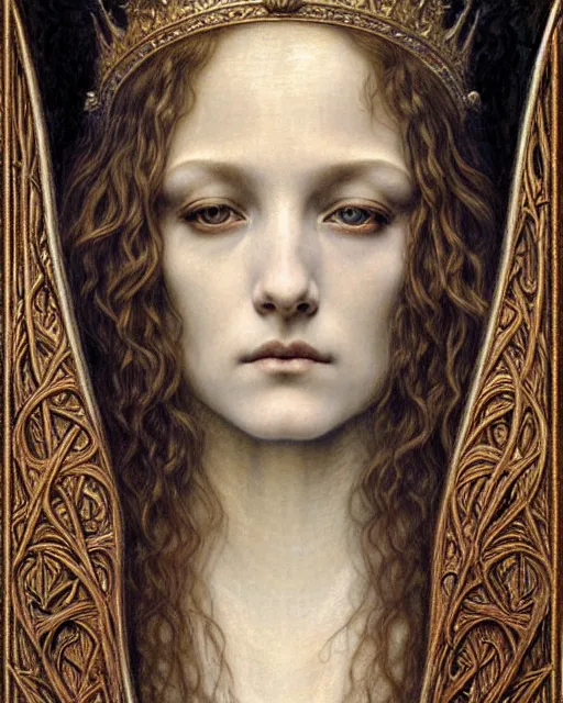 Image similar to detailed realistic beautiful young medieval queen face portrait by jean delville, gustave dore and marco mazzoni, art nouveau, symbolist, visionary, gothic, pre - raphaelite. horizontal symmetry