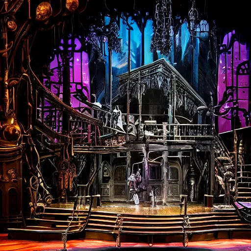 Image similar to photo, a highly - themed dramatic broadway musical set design with huge spectacle, dark and moody futuristic, a dark gothic psychedelic palace