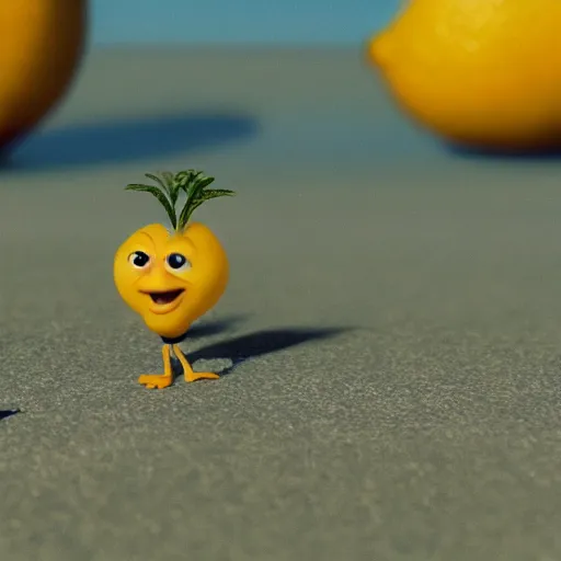 Image similar to a cinematic film still from a 2022 Pixar movie about anthropomorphic lemons, in the style of Pixar, shallow depth of focus