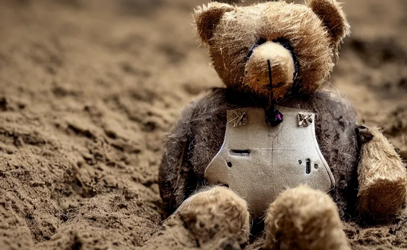 Image similar to laying teddy bear, dirty fur, robotic, sad eyes, hole in fabric, wires coming out, circuit, electricity, mud, outdoor, dirt, realistic photography