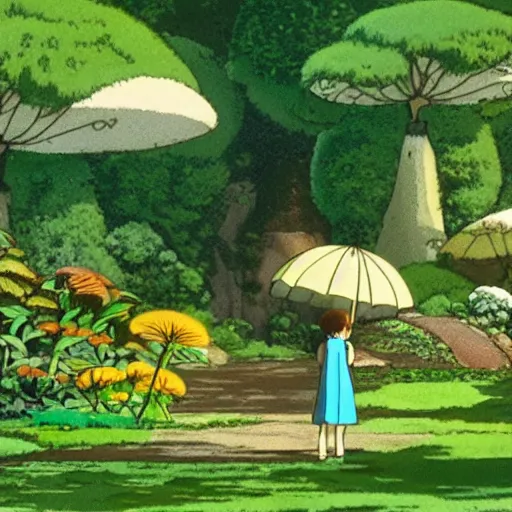 Image similar to Tiny human using leaf as an umbrella in giant garden, by Studio Ghibli, cinematic