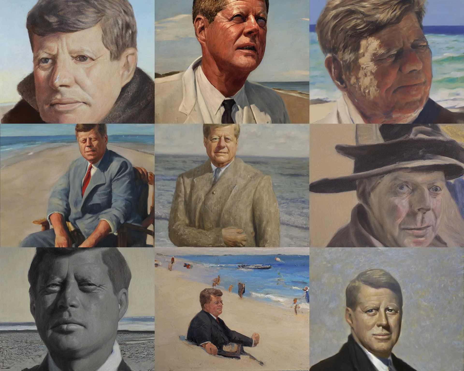 Prompt: far portrait of john f kennedy, old, wrinkled, and grey on nantucket beach, oil on canvas by william sidney mount - 1 9 8 2, trending on artstation