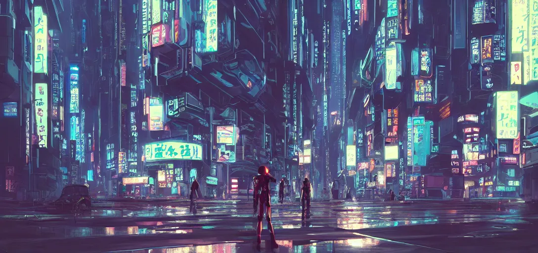 Image similar to cyberpunk robot in future japan at night, concept art, fine details, studio ghibli, cinematic lighting, ghost-in-the-shell, cyberpunk,sci-fi, fantasy, intricate, elegant, highly detailed, digital painting, trending on artstation, concept art, smooth, sharp focus, illustration, by james gurney and greg rutkowski