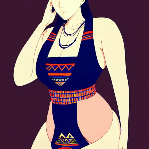 Image similar to a beautiful plus sized model japanese natalie portman, alluring plus sized model, wearing mayan leotard with elegant mayan apron overalls, street fashion hip hop style with mayan patterns, aztec street fashion, gapmoe yandere grimdark, trending on pixiv fanbox, painted by greg rutkowski makoto shinkai takashi takeuchi studio ghibli, akihiko yoshida