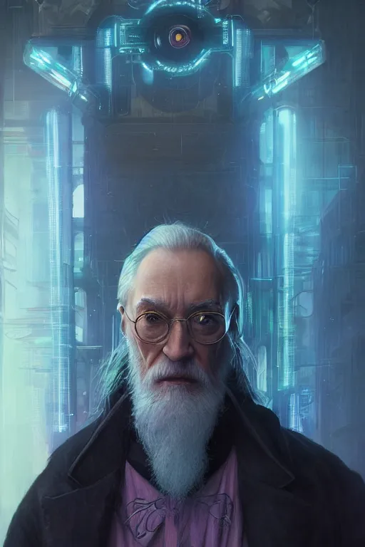 Image similar to portrait of cyborg Dumbledore in cyberpunk, neon lighting, night city, digital art from artstation by Ruan Jia and Mandy Jurgens and Artgerm and william-adolphe bouguereau and Greg Rutkowski